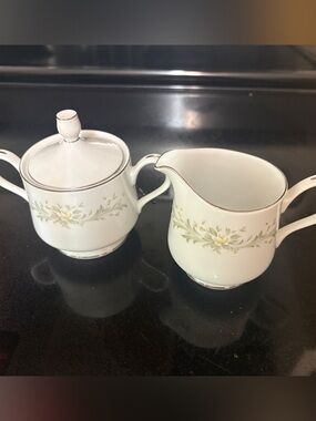 Rhapsody White and Pale Yellow Floral Creamer and Sugar Bowl